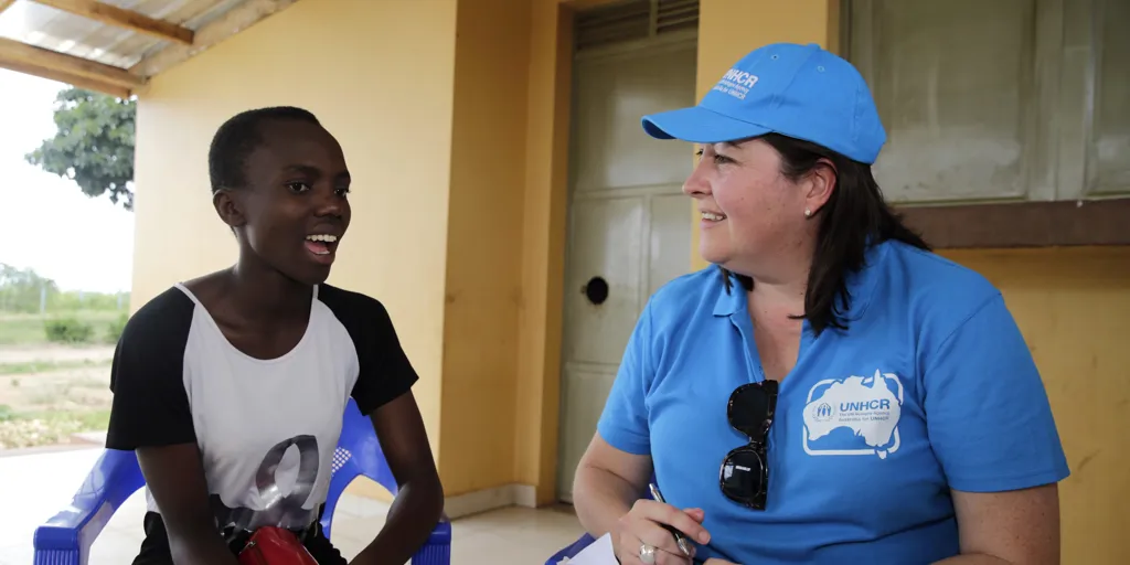 Trudi Mitchell speaks to Grace, a young Congolese refugee living at the Kyaka II Refugee Settlement in Kyegegwa District in western Uganda about her future aspirations to learn hairdressing and open her own business.